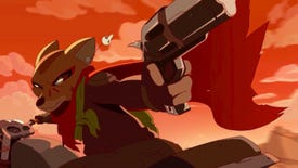 2D art showing a coyote pointing a gun while riding a motorcycle in Laika: Aged Through Blood