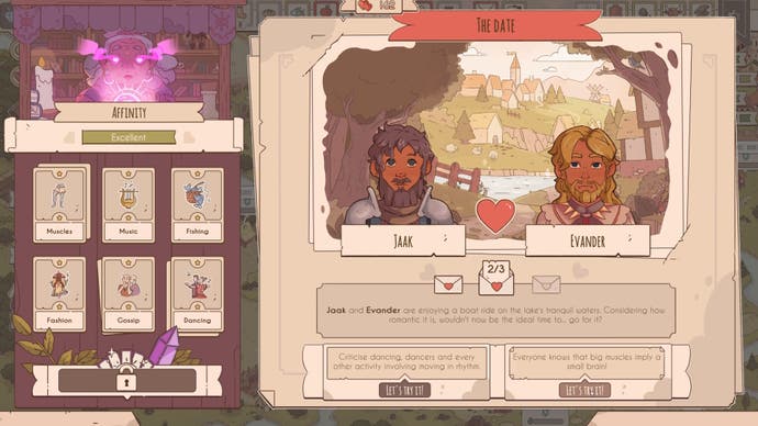 The menu shows two men who are dating, with dialogue options and a hint for the correct option.