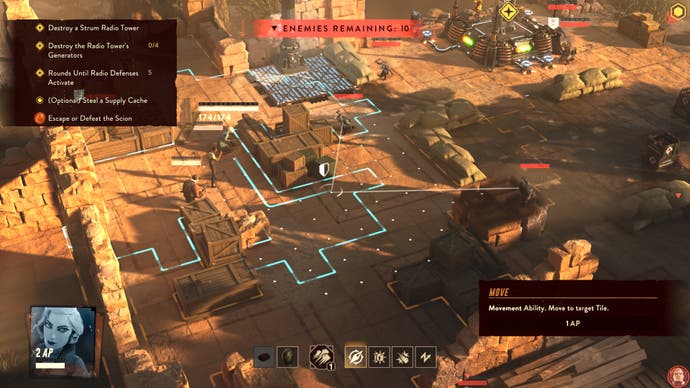 A screenshot of The Lamplighters League showing the movement grid during turn-based combat as an agent attempts to slip into cover during battle amid crumbling desert ruins.