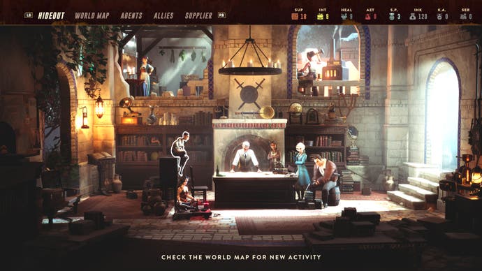 A screenshot of The Lamplighters League showing agents gathered around a table in an ornate room back at base between missions.