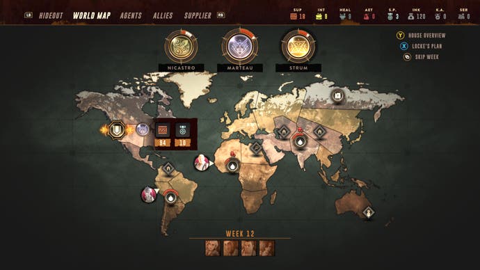 A screenshot of The Lamplighters League showing its pre-mission world map, with different mission markers dotted around the globe and three doom tracks at the top.