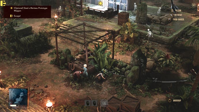 A screenshot of The Lamplighters League showing three agents crouched behind cover deep in the jungle. Ghostly enemies swarm a ruined temple up ahead.