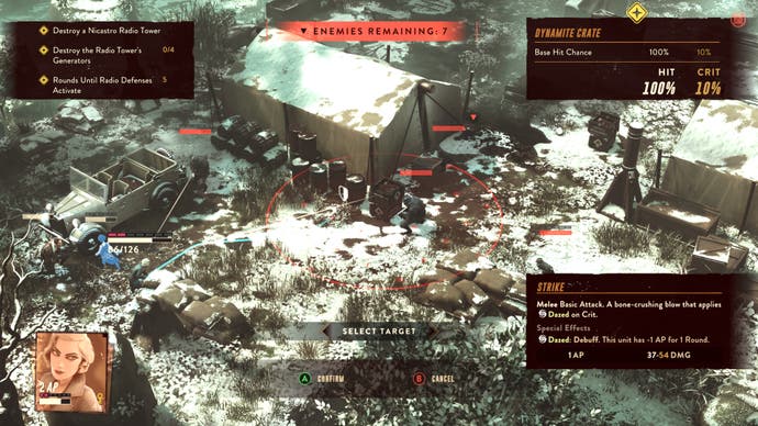 A screenshot of The Lamplighters League showing agents engaged in turn-based combat across an enemy encampment situated amid snowy tundra.