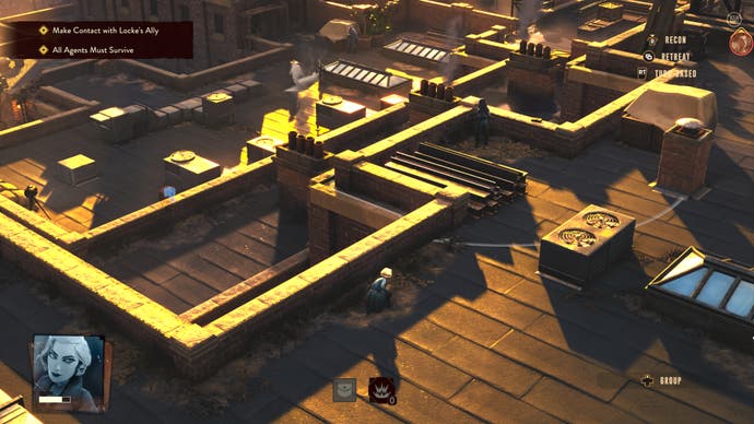 A screenshot of The Lamplighters League showing an agent hiding in cover, overlooking an expansive series of city rooftops illuminated by golden evening sun.