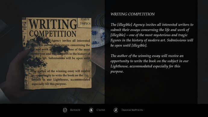 The player reads a note about a writing competition in Layers of Fear (2023)