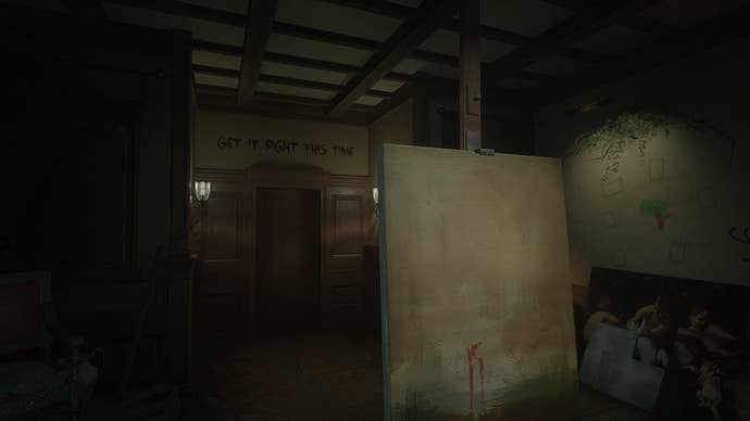 In Layers of Fear (2023), the player looks at the canvas and can see some writing on the wall behind the canvas