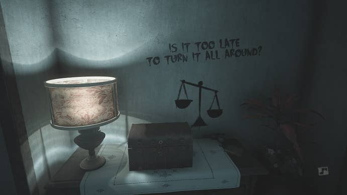 In Layers of Fear (2023), the player is faced with a chest and a lamp with some text on the wall depicting scales