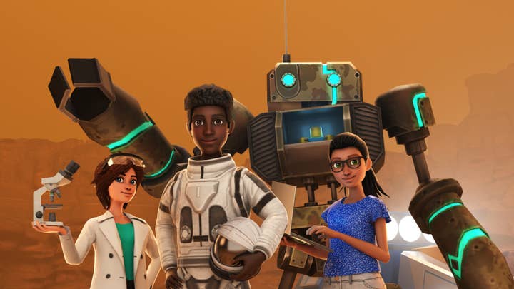 A Roblox image of a scientist, astronaut, woman holding a laptop and a large robot posing in a Mars-like environment
