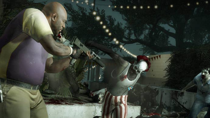 The player shoots a clown in Left 4 Dead 2