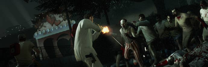 Een speler kan worden gezien die een horde zombies schiet in linker 4 Dead 2