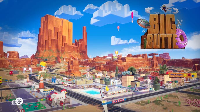 Screenshot from the Lego 2K Drive review, showing the angular desert of Butte County with a Lego town below and a cloud of cubes above.