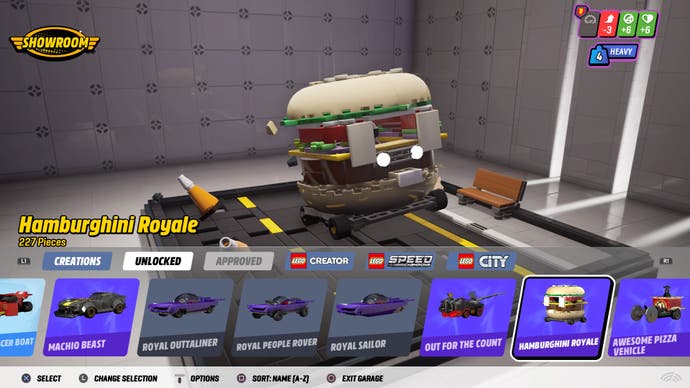 Lego 2K Drive review screenshot, showing a Lego car that is fashioned to look like a hamburger.