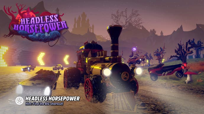 Screenshot from the LEGO 2K Drive review, showing a track in Hauntsborough featuring skeletal trees and a train of vehicles, one of which resembles a steam train.