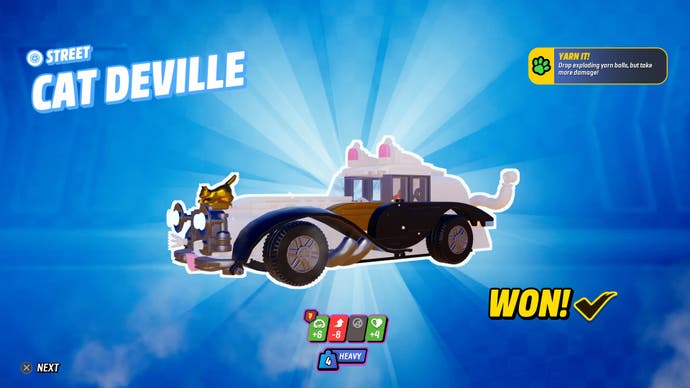 Lego 2K Drive review screenshot, showing the Cat Deville, a white car with ears, a tail, and a tongue hanging from the front bumper.