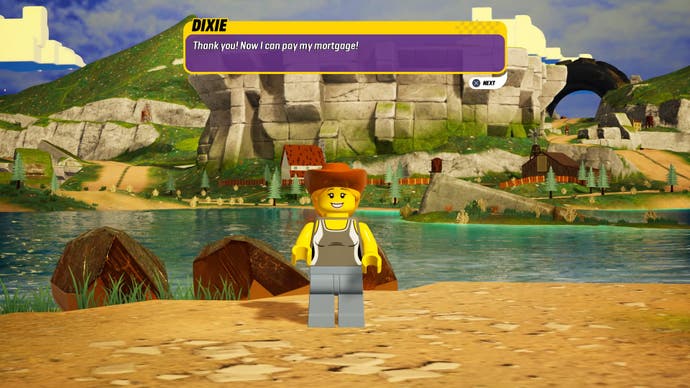 Screenshot from the LEGO 2K Drive review, showing an NPC in prospecto valley, a frontier-like territory, thanking players for helping her pay her mortgage.