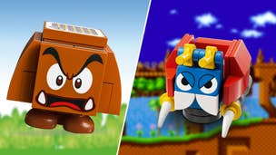 A Lego Goomba and a Lego Badnik stare at each other, both are cross, and the backgrounds are slightly blurred versions of each respective models home level.