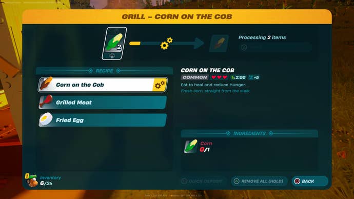 The cooking screen in LEGO Fortnite processing some Corn on the Cob