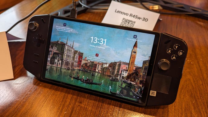 A Lenovo Legion Go showing the Windows 11 lock screen,