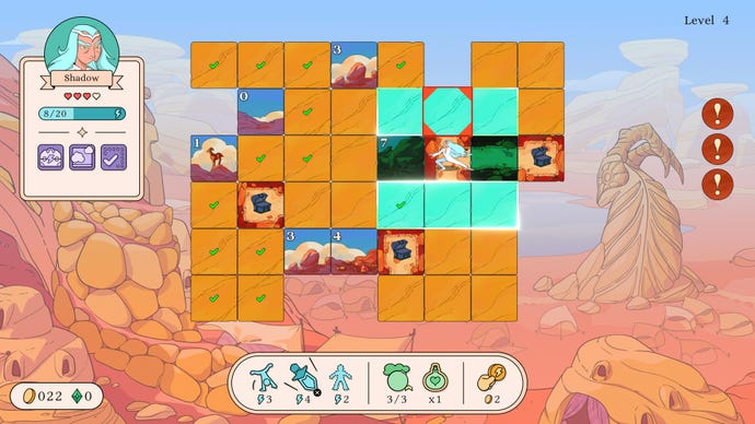 A long-haired warrior prepares to move through a desert-themed tile board in Let's!  Revolution!