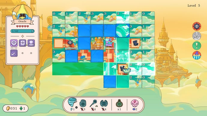 A little witch character prepares to teleport onto a floating board of city-themed tiles in Let's!  Revolution!