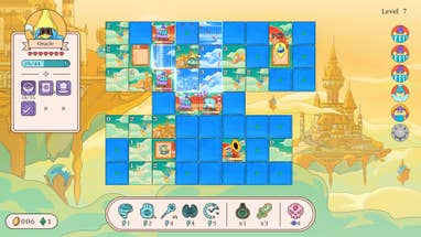A witch character is surrounded by enemies on a floating city-themed board of tiles in Let's! Revolution!