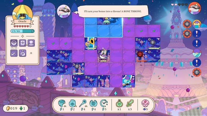 A king threatens a witch in a city-themed board of tiles in Let's! Revolution!