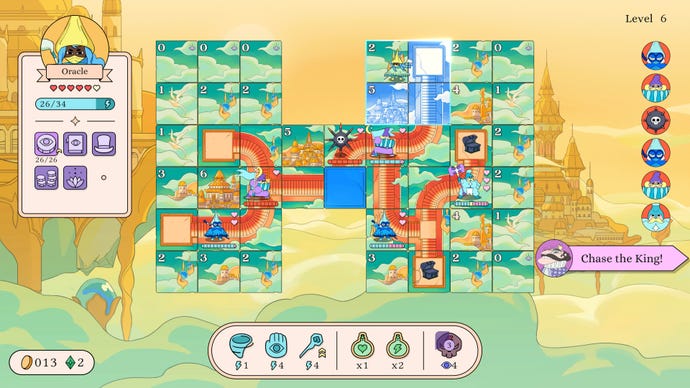 A witch prepares to leave a floating board of city-themed tiles in Let's!  Revolution!