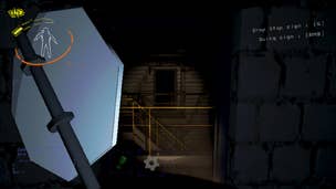 A player looks towards a doorway inside a warehouse while holding a scrapable stop sign in Lethal Company