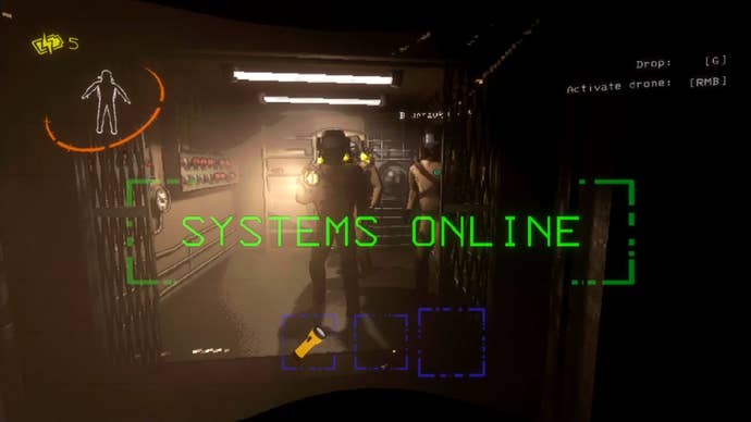 The player faces two other players in a small room in Lethal Company, with a 'Systems Online' notification shown on the screen