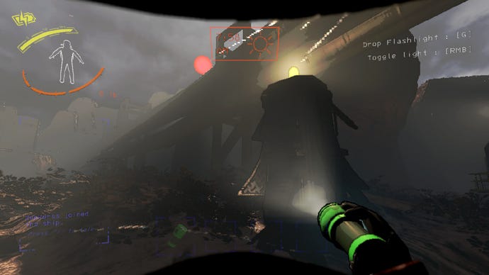 The player points a flashlight at a small spacecraft that delivers items in Lethal Company
