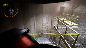 A player in Lethal Company looks down some stairs inside a facility while holding some scrap