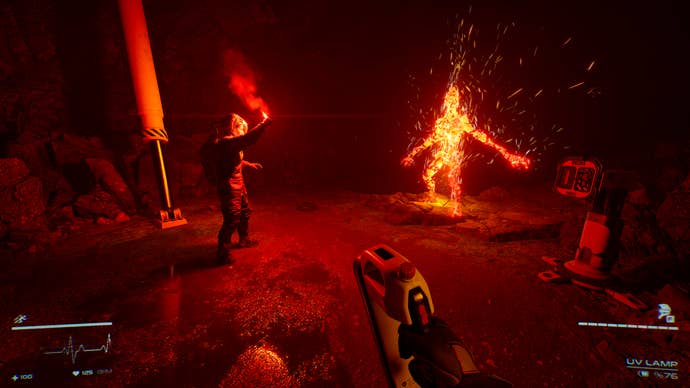 A group of players use guns and flares to subdue alien enemies in Level Zero