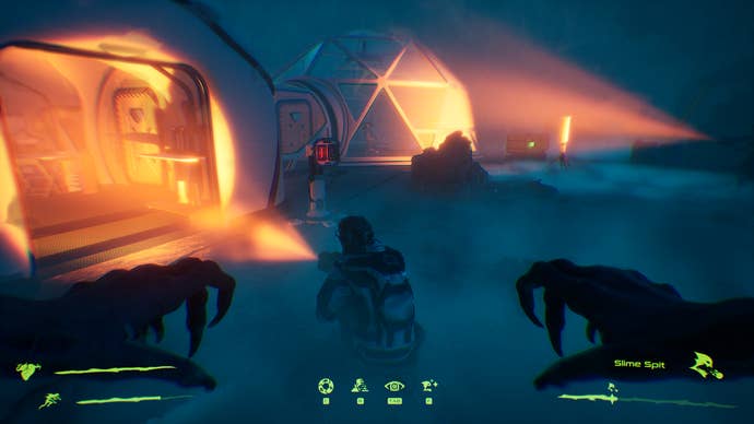 The player (an alien) is stalking a mercenary player in a level zero facility