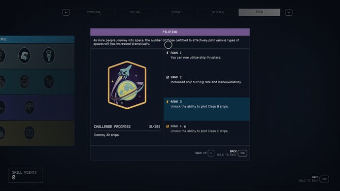 A level-up screen in Starfield, showing the Piloting skill tree.