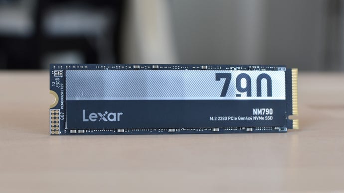 The Lexar NM790 (1TB model) propped up up a table.