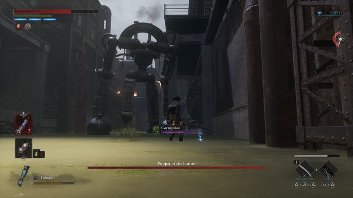Lies of P screenshot showing the protagonist facing off against a giant industrial puppet.