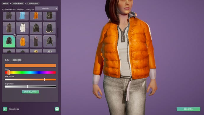 The clothing menu showing a jacket's colour options in Life By You
