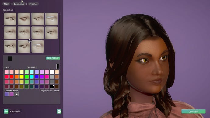 The eyeliner menu for character creation in Life By You