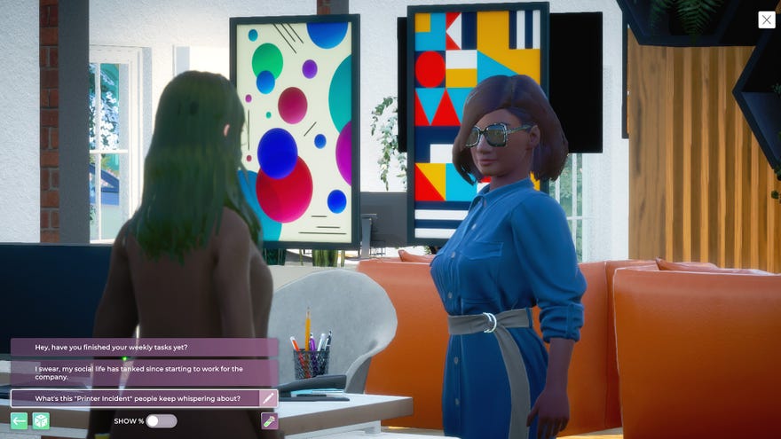 Two women converse in a colourful office scene in Life By You