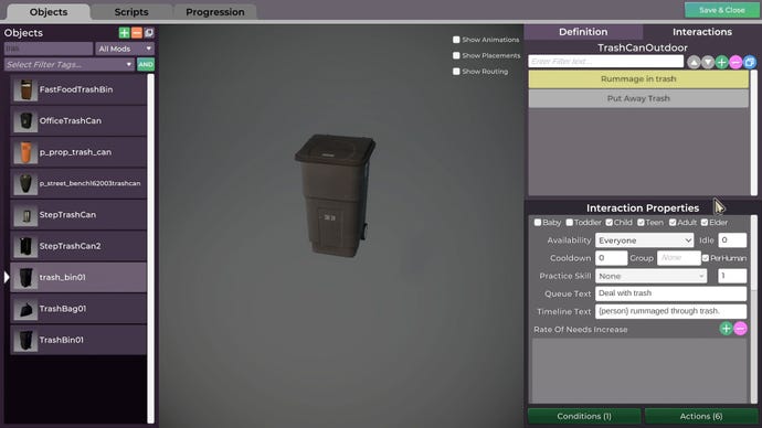 The object editor menu for a trash can in Life By You
