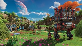 A small human stands next to their mech as they gaze on an alien world farmstead in Lightyear Frontier