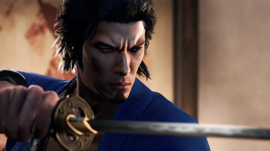 A screenshot from Like A Dragon Ishin showing Sakamoto Ryōma wielding a sword