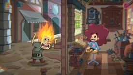 A man with a flaming head (left) screams at a red-haired girl (right) as they're spirited by a wall in Lil' Guardsman