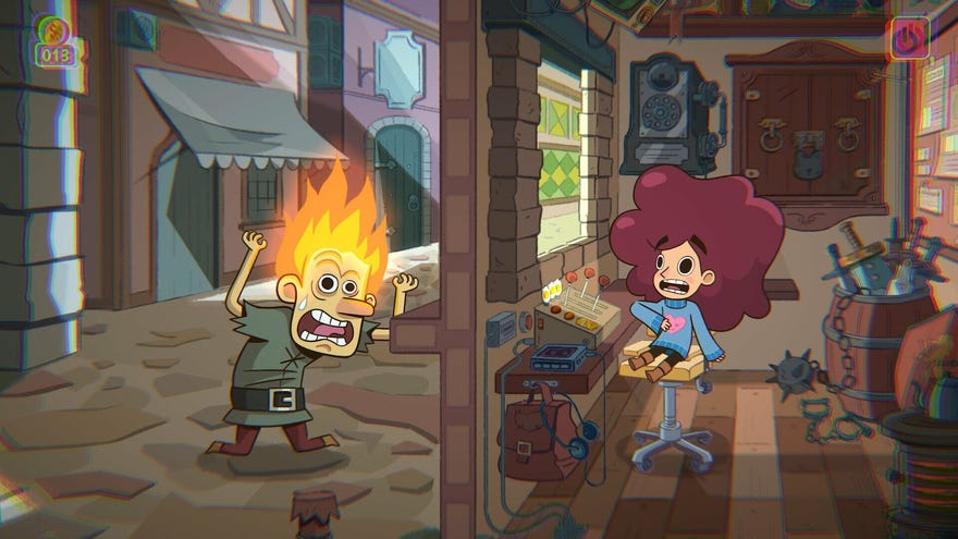 A man with a flaming head (left) screams at a red-haired girl (right) as they're spirited by a wall in Lil' Guardsman