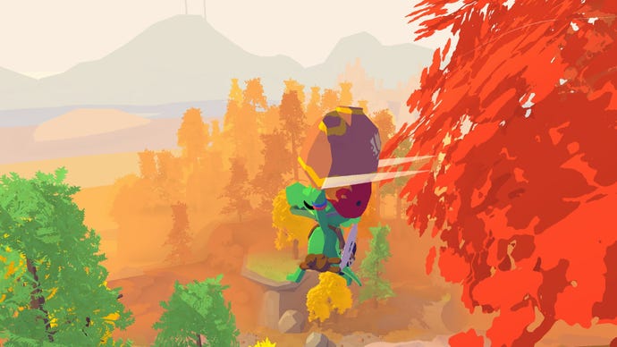 Lil Gator Game screenshot, showing the hero gliding through the air using a shirt, surrounded by trees.