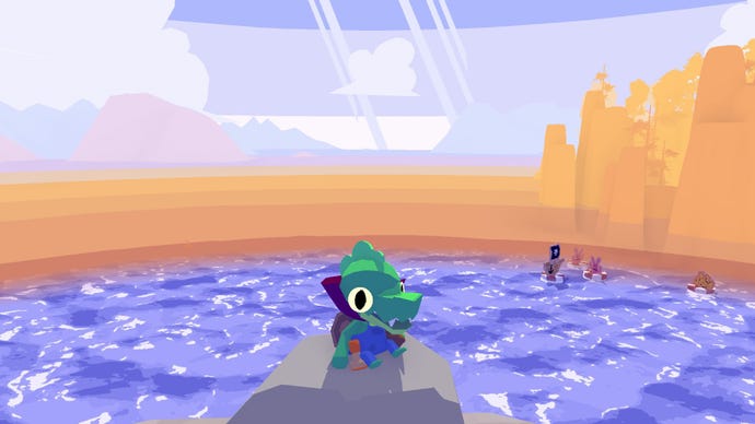 Lil Gator Game screenshot, showing the hero in baby mode sat on a cliff overlooking the ocean.