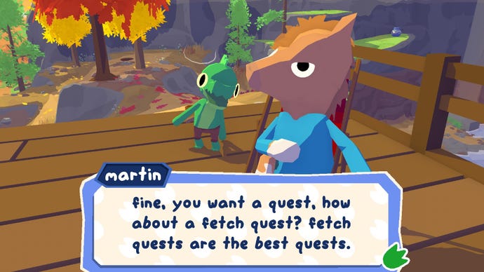 Lil Gator Game screenshot showing Martin sending Lil Gator on a fetch quest.