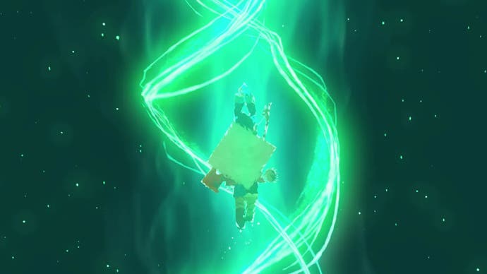 当玩家在《塞尔达传说:王国之泪》中使用升升技能时，林克漂浮在空中，周围环绕着一道绿光。