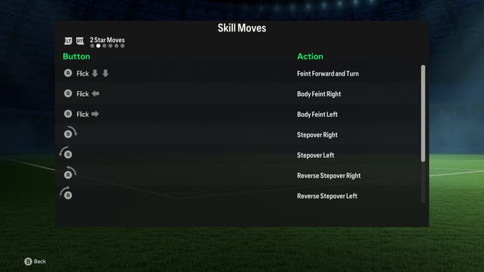 Menüliste von 2 Sterne Skill Moves