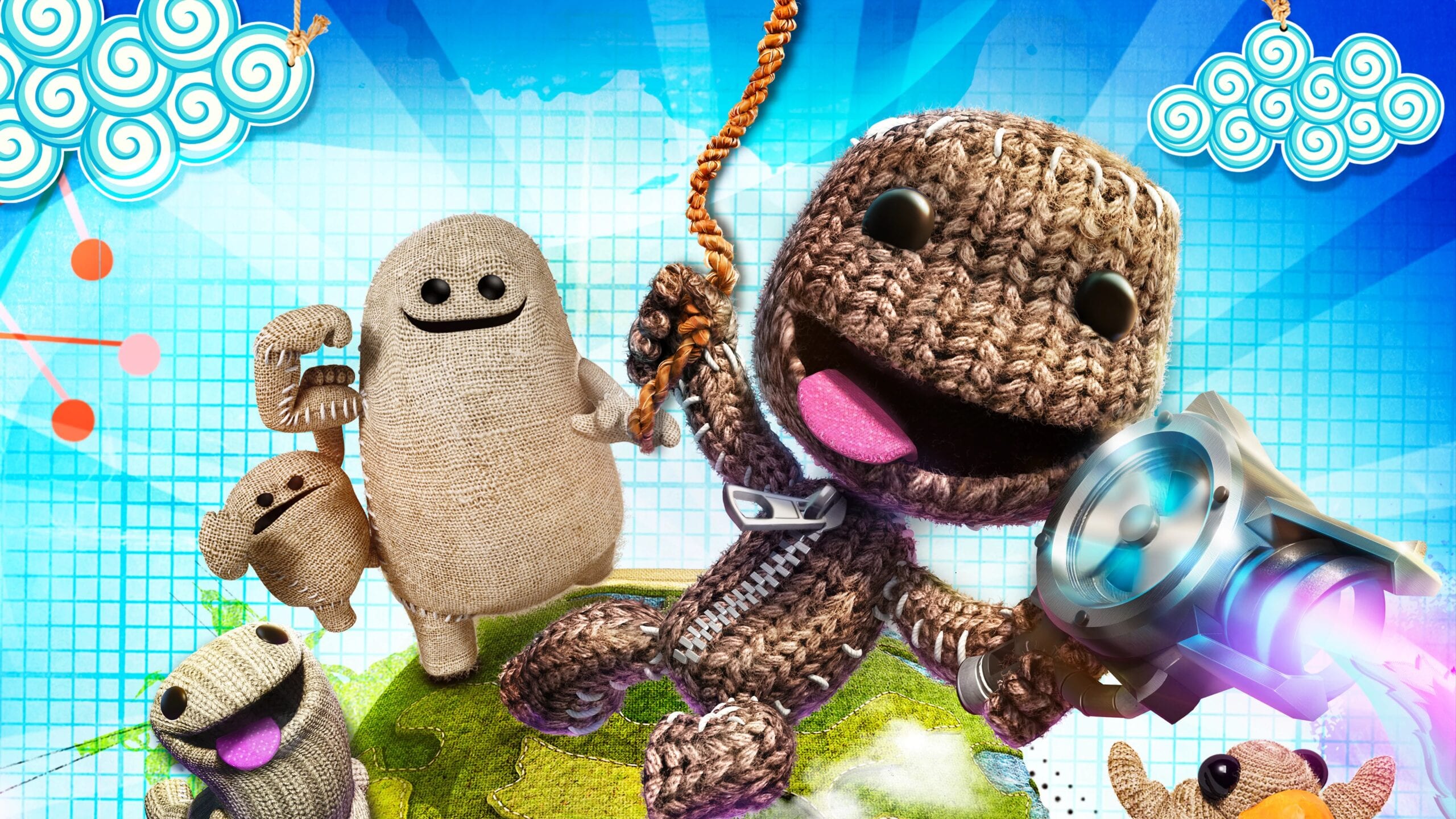 Sackboy characters stare at the camera while standing on a spherical world in this LittleBigPlanet artwork.